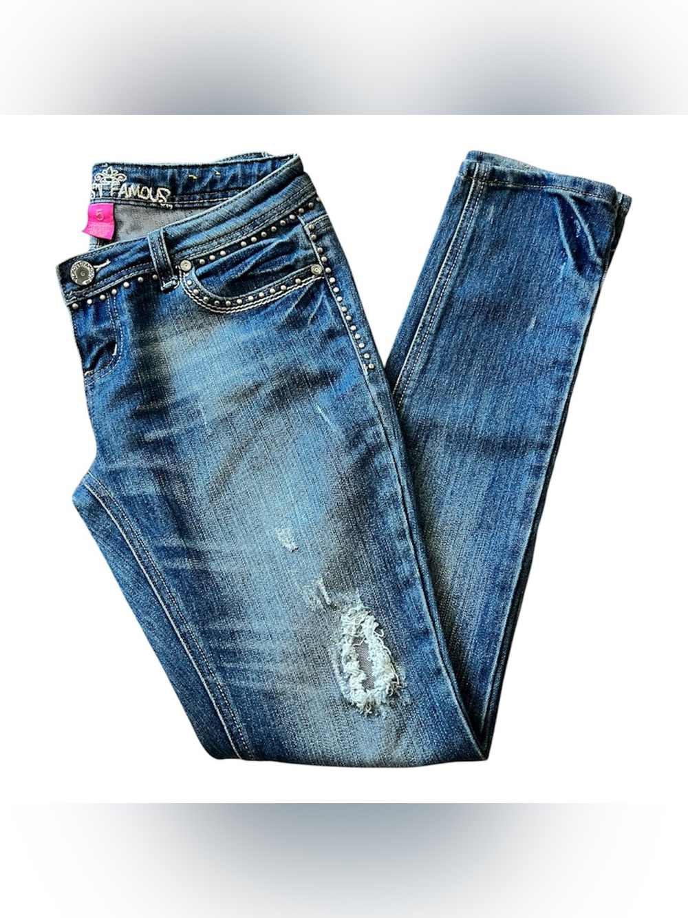 Almost Famous Blue Distressed Skinny Jeans with Stud Accents